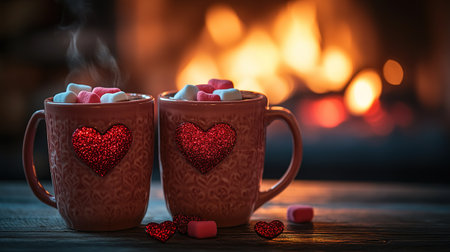 Valentine day hot chocolate or coffee latte mug with chocolate drizzle, heart shaped marshmallow and macaron cookie. Sweet treats drink recipe idea, sweet dessert beverage for your Valentine.の素材