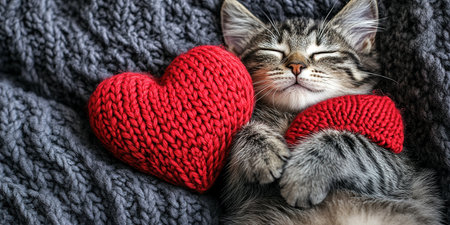 holiday valentine card with cute kitten holding red knitted heart in paws.の素材