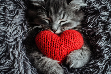 holiday valentine card with cute kitten holding red knitted heart in paws.の素材