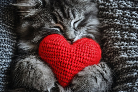 holiday valentine card with cute kitten holding red knitted heart in paws.の素材