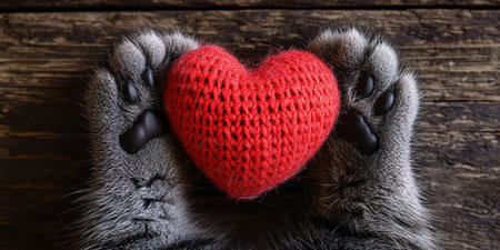 holiday valentine card with cute kitten holding red knitted heart in paws.の素材