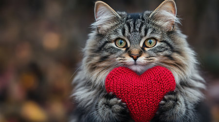 holiday valentine card with cute kitten holding red knitted heart in paws.の素材