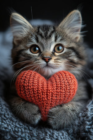 holiday valentine card with cute kitten holding red knitted heart in paws.の素材