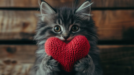 holiday valentine card with cute kitten holding red knitted heart in paws.の素材