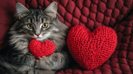 holiday valentine card with cute kitten holding red knitted heart in paws.の素材