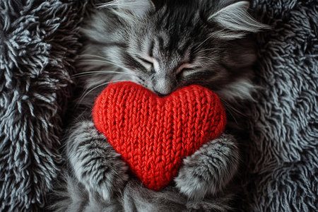 holiday valentine card with cute kitten holding red knitted heart in paws.の素材