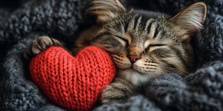 holiday valentine card with cute kitten holding red knitted heart in paws.の素材