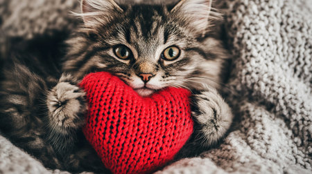 holiday valentine card with cute kitten holding red knitted heart in paws.の素材