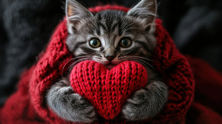 holiday valentine card with cute kitten holding red knitted heart in paws.の素材