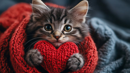 holiday valentine card with cute kitten holding red knitted heart in paws.の素材