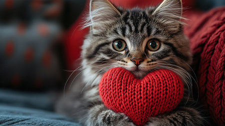 holiday valentine card with cute kitten holding red knitted heart in paws.の素材