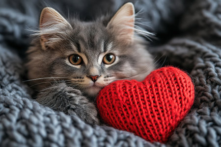 holiday valentine card with cute kitten holding red knitted heart in paws.の素材
