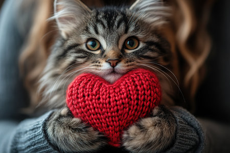 holiday valentine card with cute kitten holding red knitted heart in paws.の素材