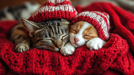 cute cat and dog are lying on a bed together surrounded by knitted red hearts.の素材