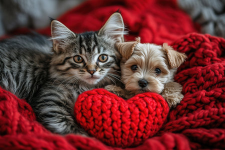 cute cat and dog are lying on a bed together surrounded by knitted red hearts.の素材