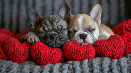 cute cat and dog are lying on a bed together surrounded by knitted red hearts.の素材