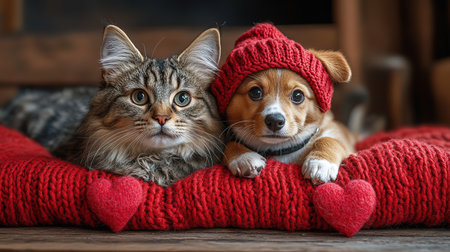 cute cat and dog are lying on a bed together surrounded by knitted red hearts.の素材