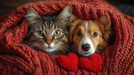 cute cat and dog are lying on a bed together surrounded by knitted red hearts.の素材