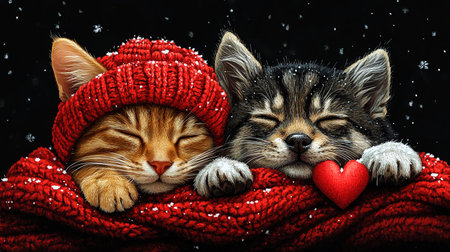 cute cat and dog are lying on a bed together surrounded by knitted red hearts.の素材