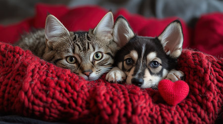 cute cat and dog are lying on a bed together surrounded by knitted red hearts.の素材