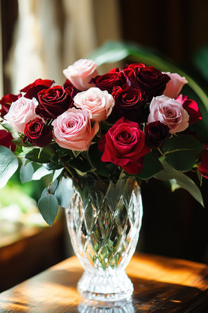 A glass vase filled with vibrant pink roses arranged on a white mother-of-pearl tray on a wooden table.の素材