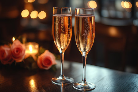 white roses on the table next to glasses of champagne against a background of candles and lights, festive still life.の素材