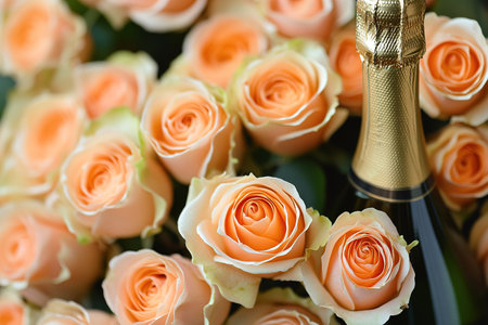 white roses on the table next to glasses of champagne against a background of candles and lights, festive still life.の素材