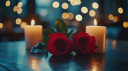 Home made candle in a rose gold colored tin, with a large flowering rose and rose bud resting on white faux fur.の素材