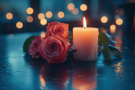 Home made candle in a rose gold colored tin, with a large flowering rose and rose bud resting on white faux fur.の素材