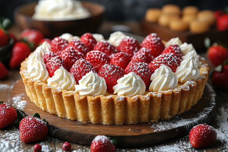 Sweet cake with strawberries on plate on gray wooden background.の素材