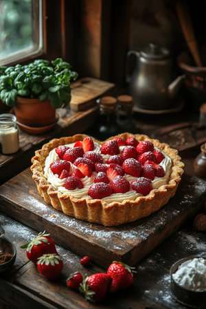 Sweet cake with strawberries on plate on gray wooden background.の素材