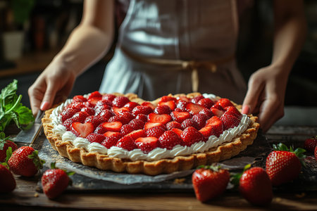 Sweet cake with strawberries on plate on gray wooden background.の素材