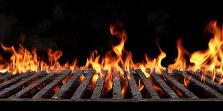 Barbecue Fire Grill Isolated On Black Background. BBQ Flaming Charcoal Grill In Perspective View. Hot Barbeque Charcoal Cast Iron Grill With Bright Flames Of Fire. Abstract Panoramic Grill Wide Bannerの素材