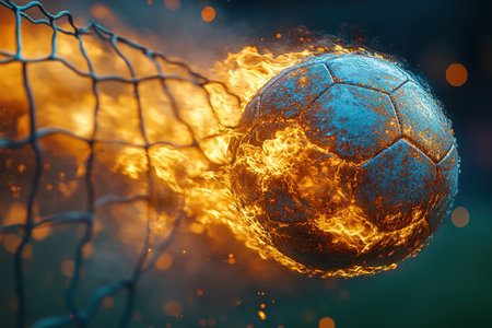 Fiery Soccer Ball In Goal With Net In Flames.の素材