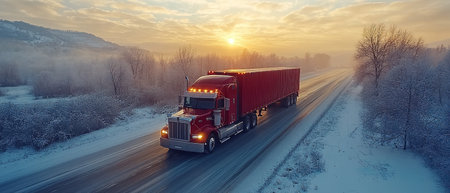 Large Transportation Truck on a highway road through the countryside at sunset.の素材