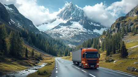 Large Transportation Truck on a highway road through the countryside at sunset.の素材