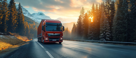 Large Transportation Truck on a highway road through the countryside at sunset.の素材