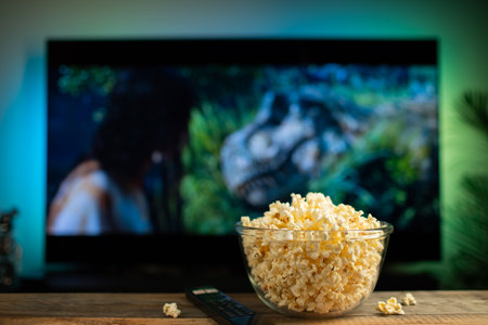 A glass bowl of popcorn and remote control in the background the TV works. Evening cozy watching a...
