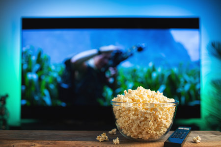 A glass bowl of popcorn and remote control in the background the TV works. Evening cozy watching a...