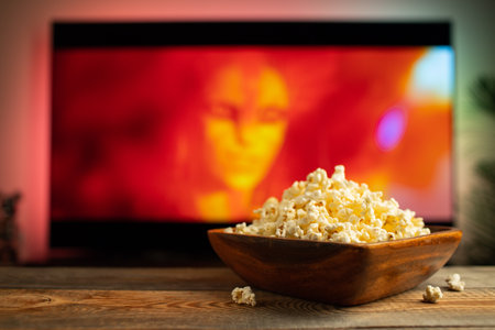 A wooden bowl of popcorn and remote control in the background the TV works. Evening cozy watching a movie or TV series at homeの写真素材