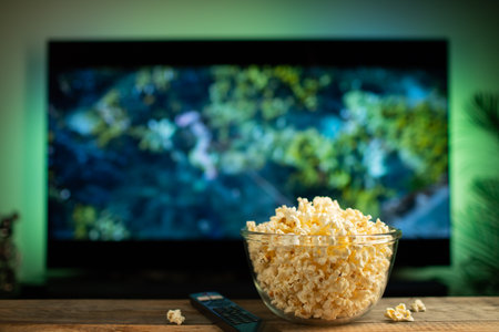 A glass bowl of popcorn and remote control in the background the TV works. Evening cozy watching a...