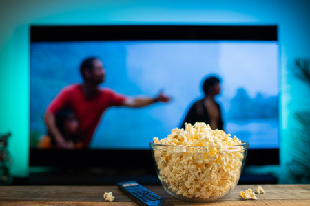 A glass bowl of popcorn and remote control in the background the TV works. Evening cozy watching a...