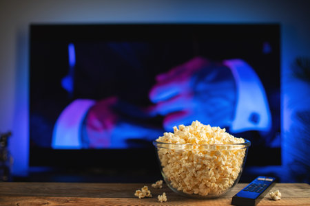 A glass bowl of popcorn and remote control in the background the TV works. Evening cozy watching a movie or TV series at home.の写真素材