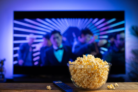 A glass bowl of popcorn and remote control in the background the TV works. Evening cozy watching a...