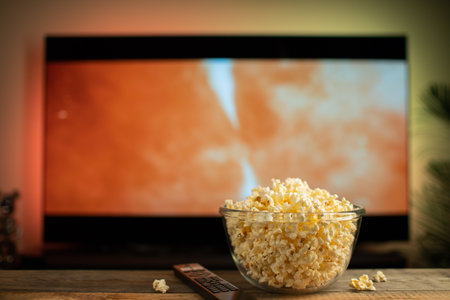 A glass bowl of popcorn and remote control in the background the TV works. Evening cozy watching a movie or TV series at home.の写真素材