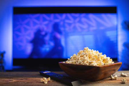 A wooden bowl of popcorn and remote control in the background the TV works. Evening cozy watching a movie or TV series at home.の写真素材