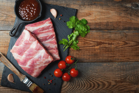 Raw pork ribs with spices, salt and rosemary on dark wooden background. top view with copy space.の写真素材