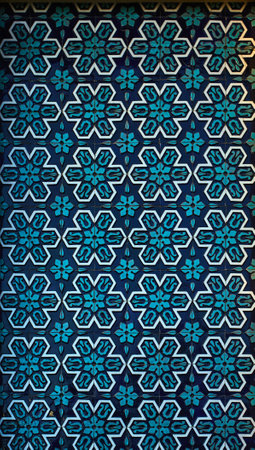 Traditional Uzbek ceramic pattern with repeating geometric and floral elements in blue and white...