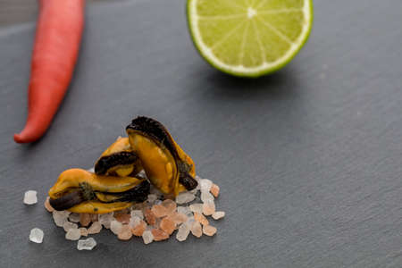 Mussels on salt, and red hot peppers, near limeの写真素材