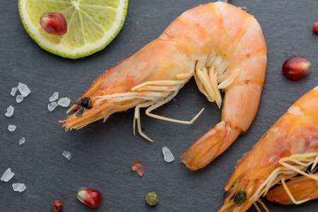 Large shrimp with lemon. Top view. Free space for your text. On the white background.の写真素材